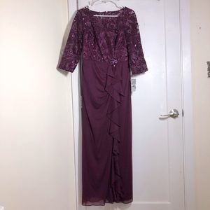 plum gown with mesh and sequins